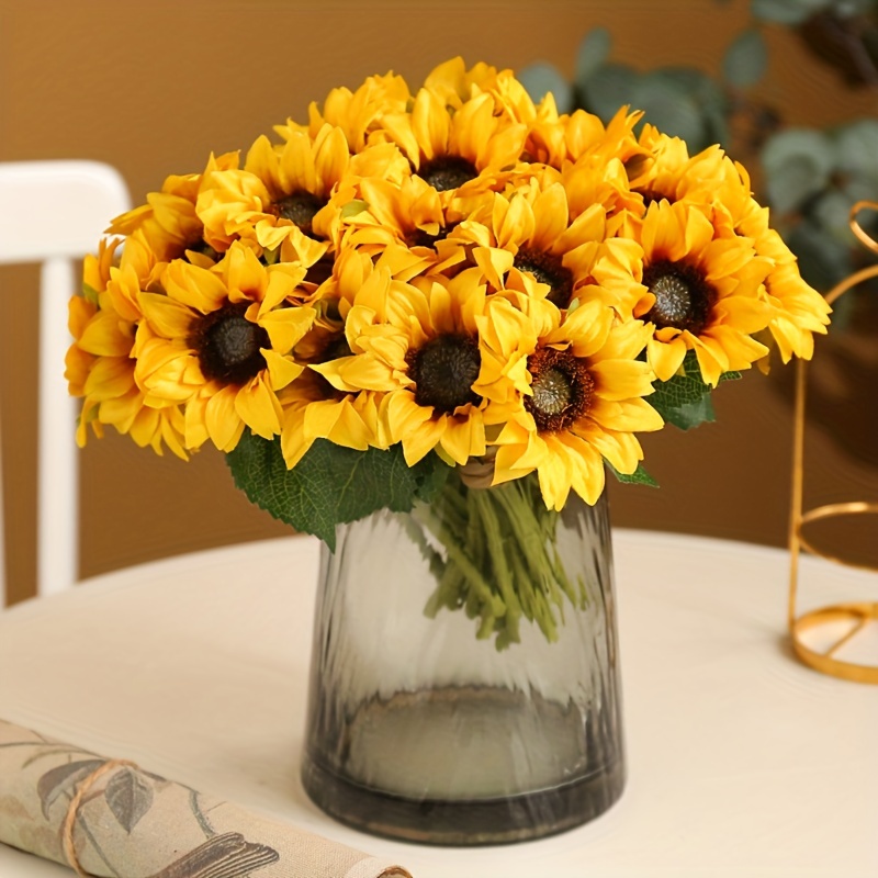 1pc Artificial Potted Sunflower, Artificial Sunflower Bouquets In Handmade  Rattan Vase For Home Office Table Kitchen Desktop Dinning Room Decoration