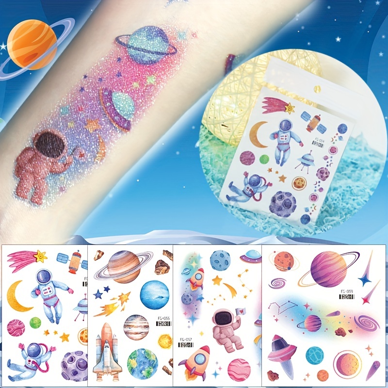 Suministros para fiestas espaciales, tatuajes temporales luminosos del  sistema solar para niños, decoraciones de fiesta de cumpleaños con brillo