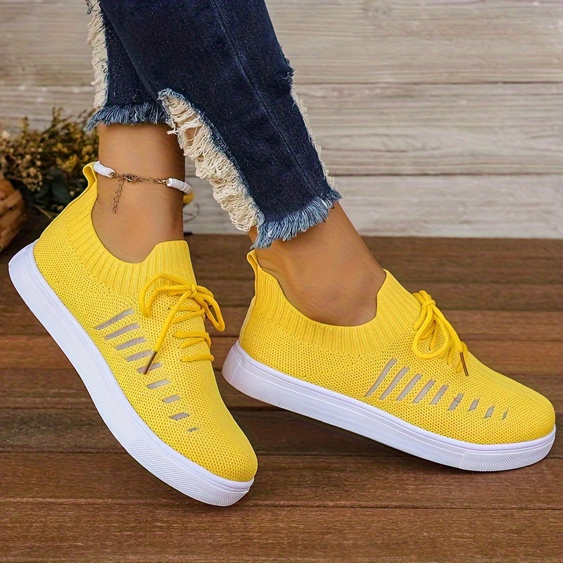 Women's Yellow Knitted Sneakers, Breathable & Comfortable Low Top Running  Shoes, Casual Walking Sports Shoes