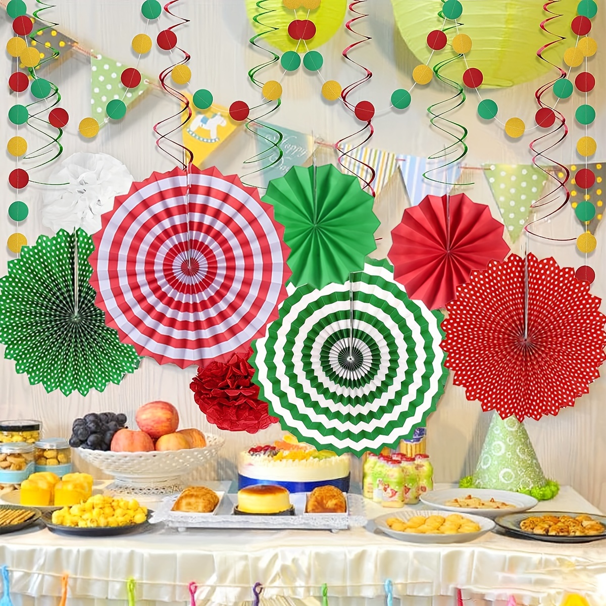 Red Green White Xmas Birthday Decor Hanging Paper Fans Pom Pom