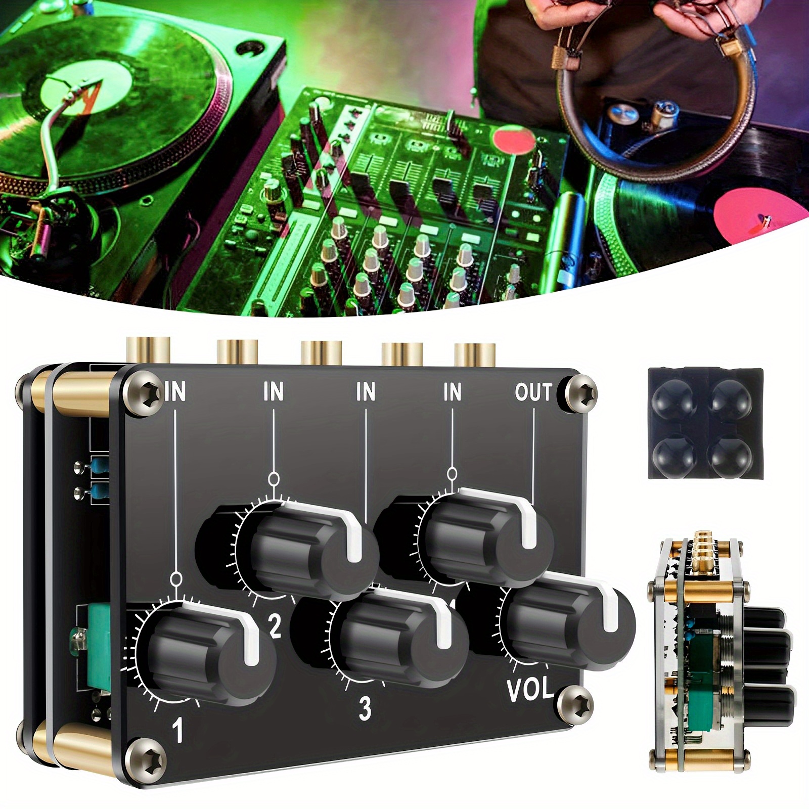 Moukey Mini Audio Mixer Line Mixer, DC 5V, 4-Stereo Ultra, Low-Noise  4-Channel for Sub-Mixing, Ideal for Small Clubs or Bars, As Guitars, Bass