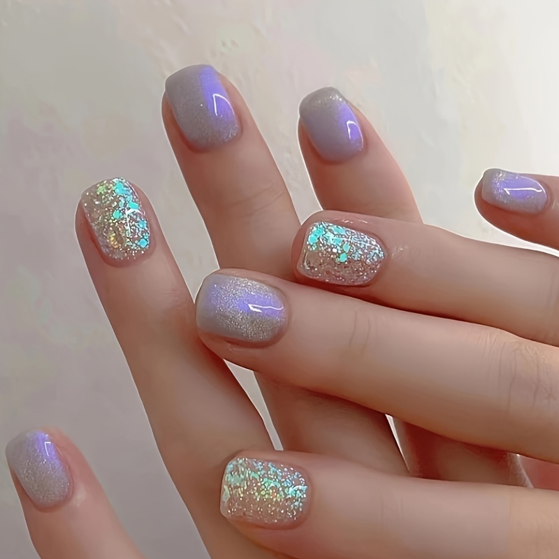 Purple Glitter Fake Nails French Press On Nails With Sequin - Temu