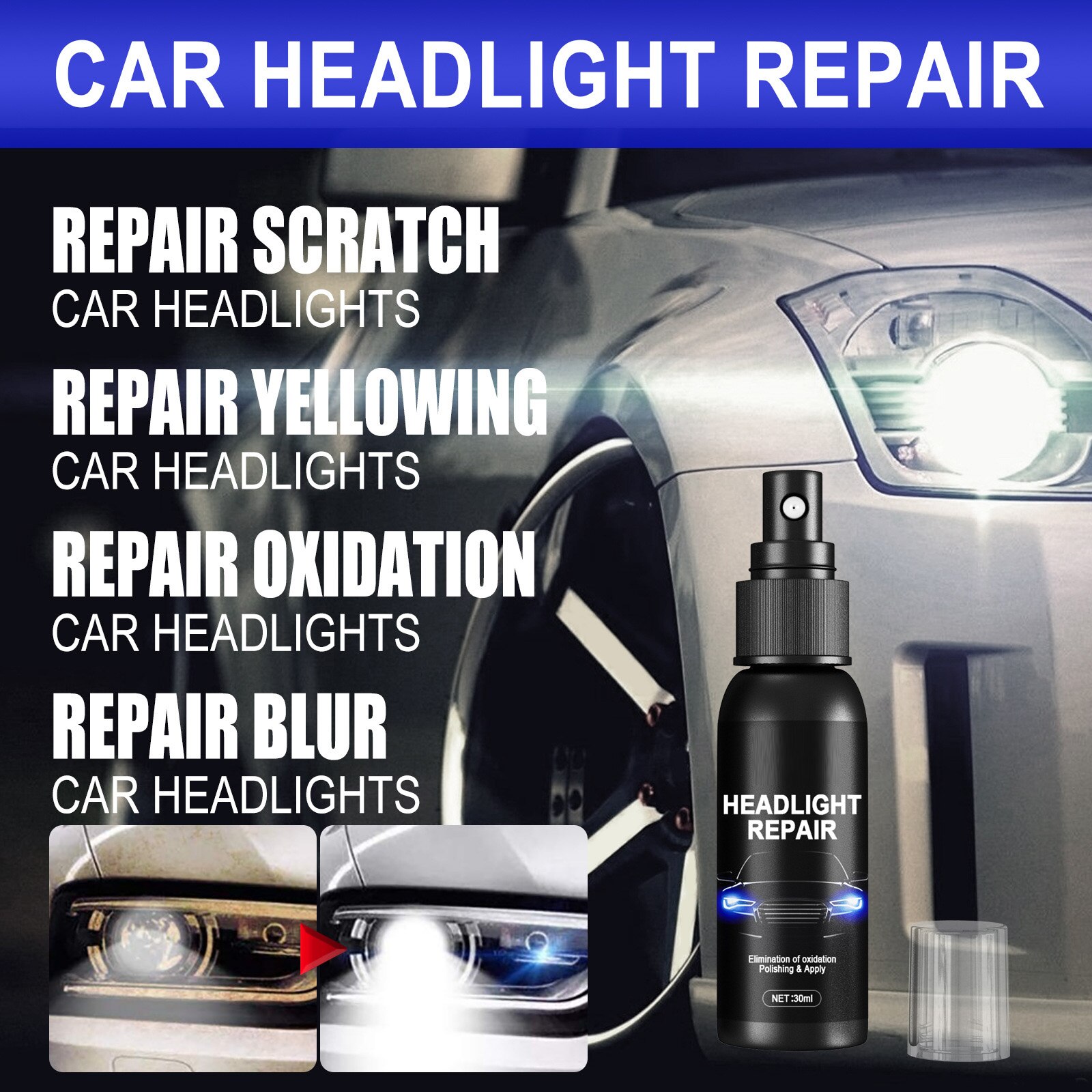 Ceramic Headlight Restoration Kit Car Headlight Cleaner Restorer  Kit,Headlight Lens Cleaner Headlamp Cleaner Restorer, Remove Light Haziness  Yellowing