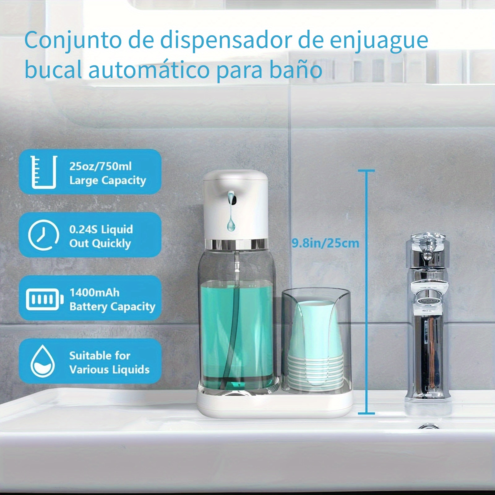 Juego de dispensador de enjuague bucal para baño, botella de vidrio  transparente de 16 onzas con soporte para vasos de plástico, decoración de