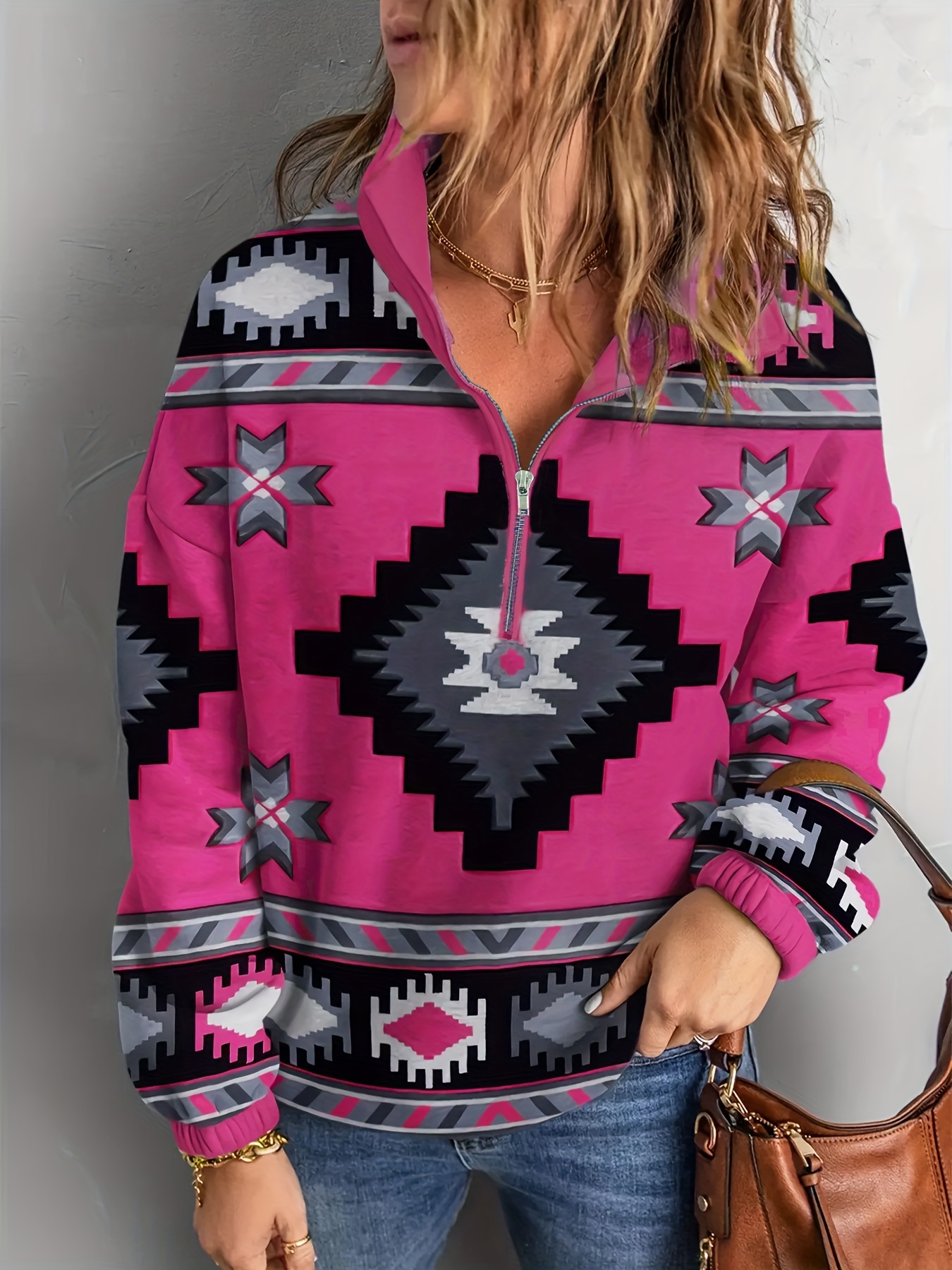 Aztec Print Drawstring Hoodies, Ethnic Kangaroo Pocket Zipper Long Sleeve  Sweatshirt, Women's Clothing