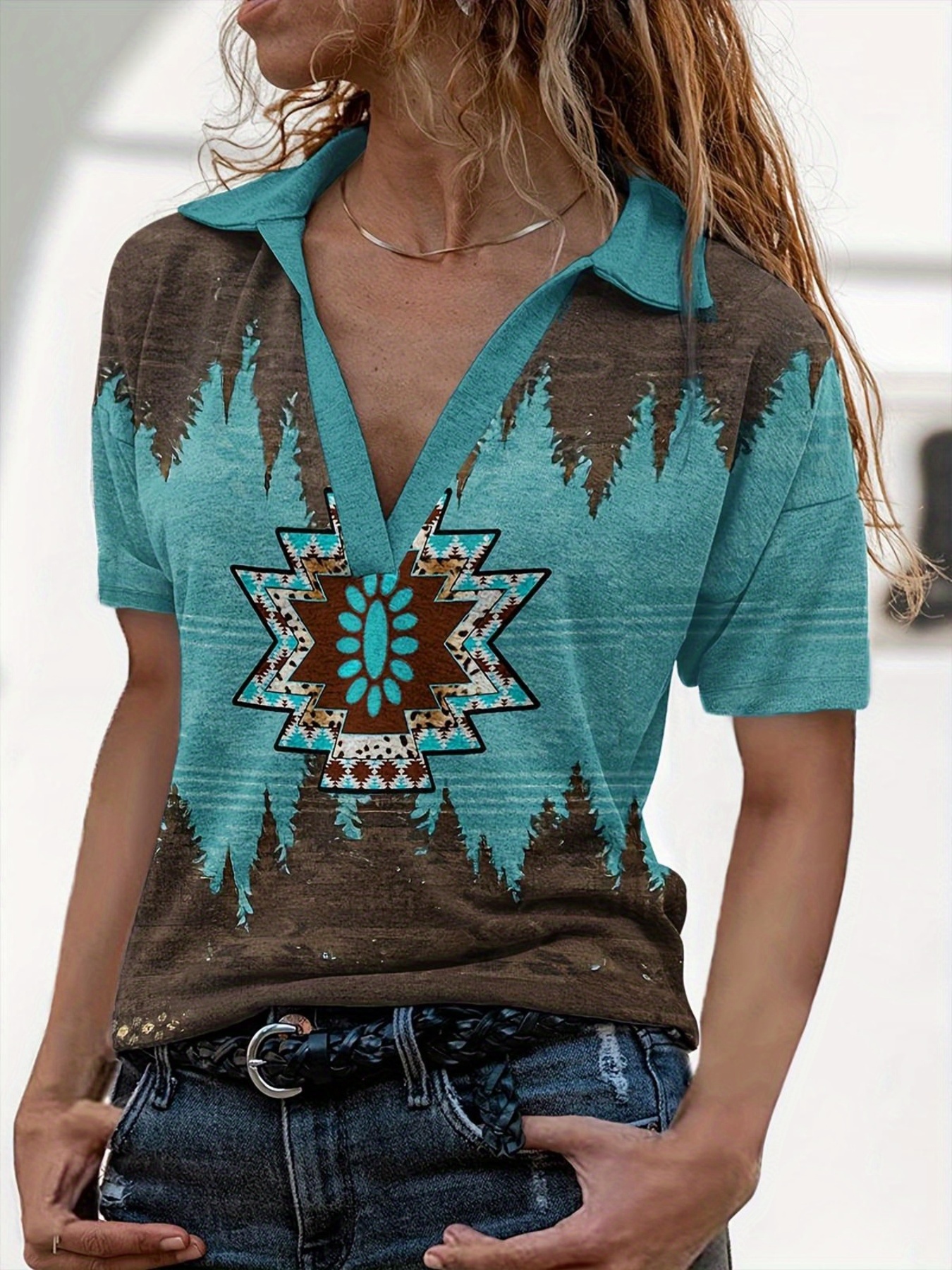 Native American Pattern Summer Tops for Women,V Neck T-Shirts,Short Sleeves  Blouses Tunic Tops
