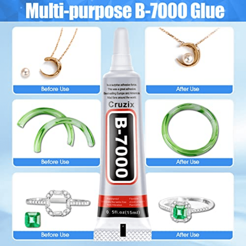 B 7000 Clear Glue with Rhinestones Craft Kit, 2 x 110ML B-7000 Adhesive  Glue with Nail Gems, Dotting Tools, Brush for DIY Bead Stone Jewelry Making