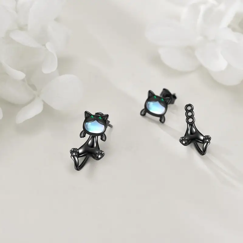 925 sterling silvery gunmetal black cat earrings two stacked ways to wear cat dangling earrings cat earrings stud earrings Product details 1