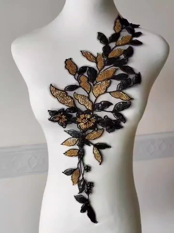 Black and Golden Sequin Flower Embroidery Patch