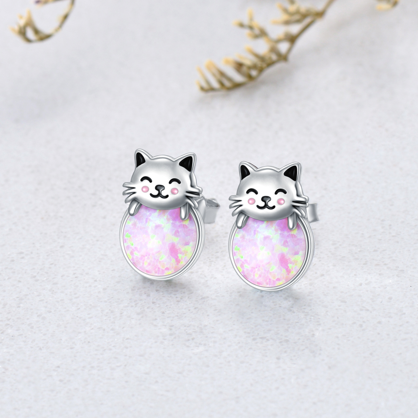 Opal Cat Stud Earrings Women Jewelry