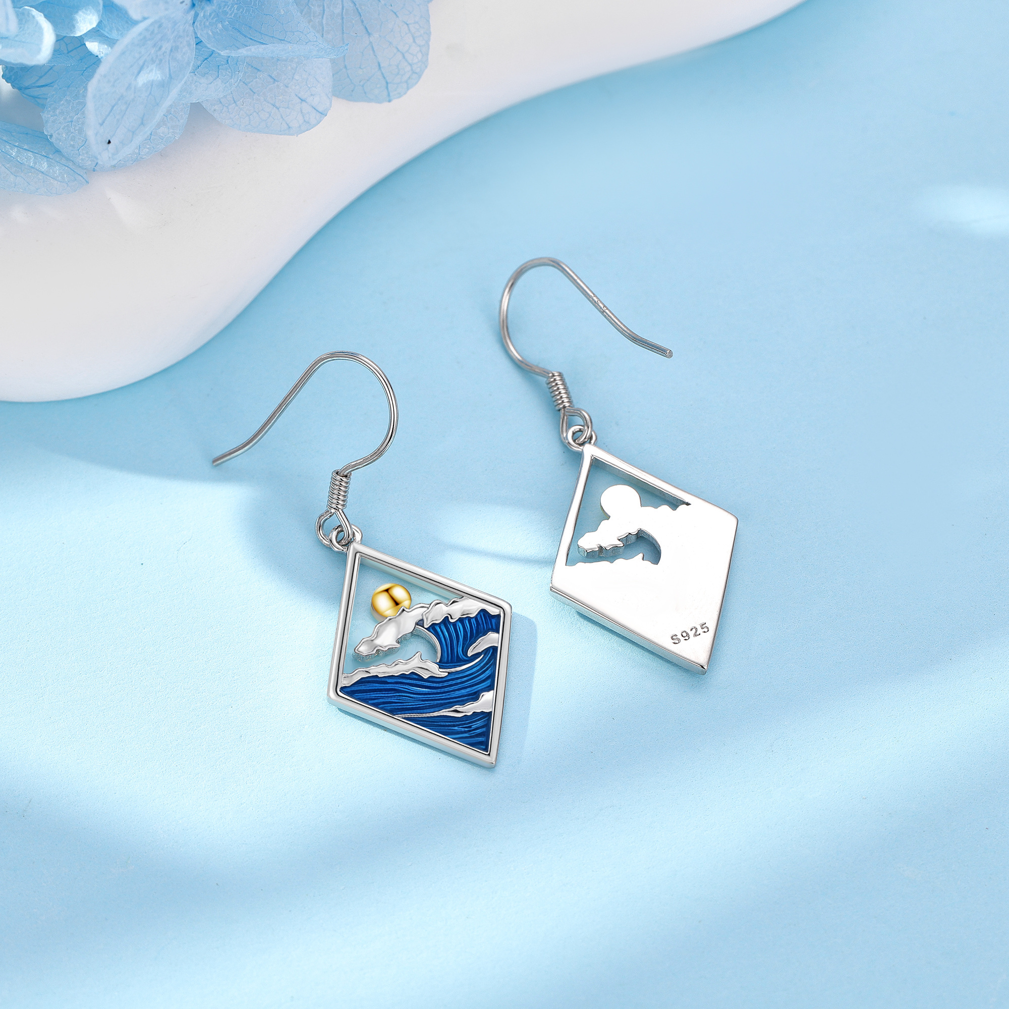 Women's 925 Sterling Silver Wave and Sun Dangle Earrings