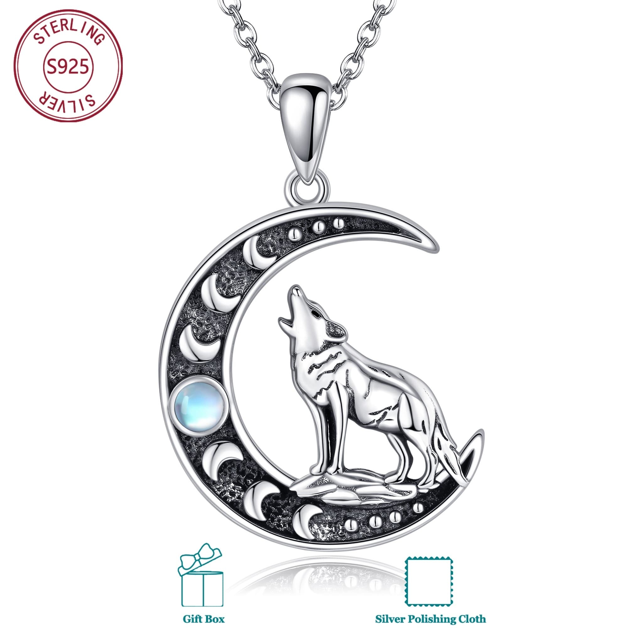 Image of 925 Sterling Silver Pendant Necklace Featuring A Wolf At The, With Synthetic , Embodying Themes Of Wilderness, , And Spirituality, A Mystical And Strong Accessory Suitable For Men And Women