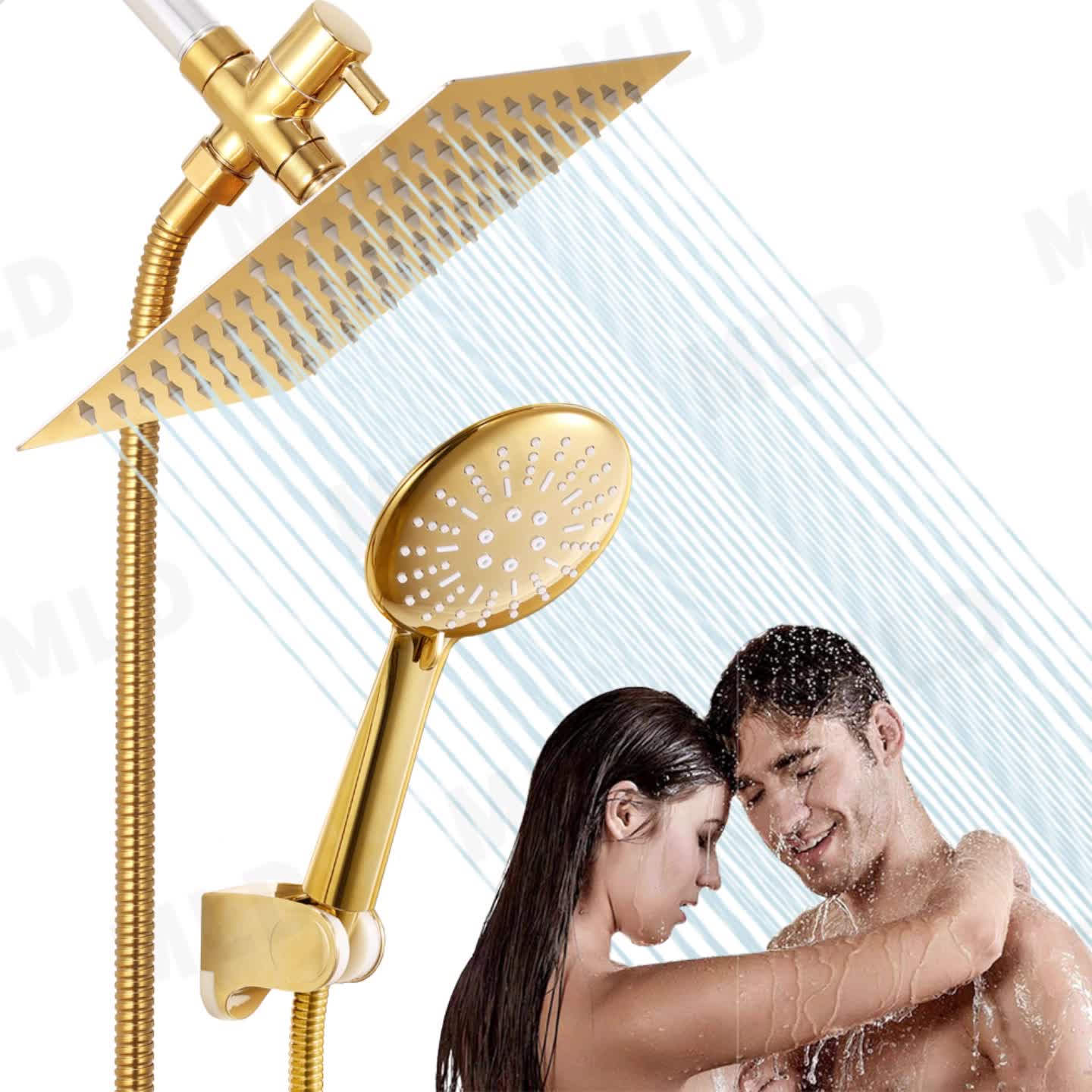 Golden High Pressure Square Rain Shower Head and Handle Set