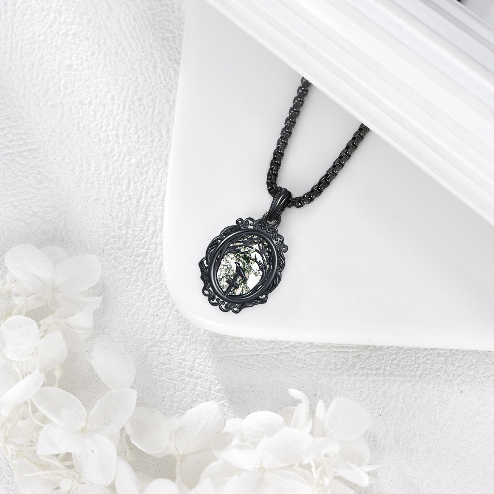 925 Sterling Silver Gothic Raven Necklace with Synthetic Agate, Dark & Mysterious