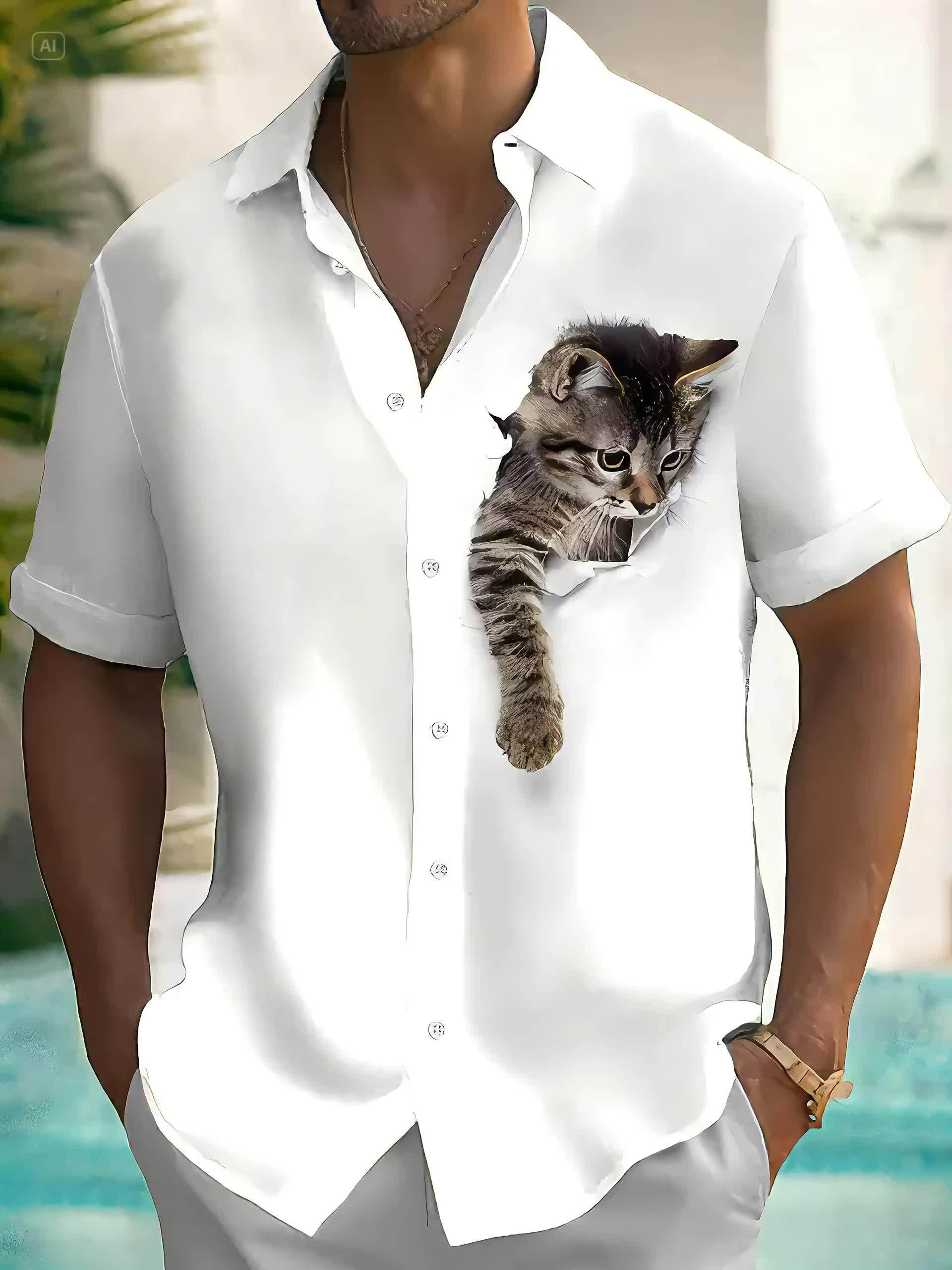 Hehanus Men's Hawaiian Shirt – Funny Cat Print Short Sleeve Aloha Beach Shirt, Cute Summer Button-Down For Casual Wear - View #12