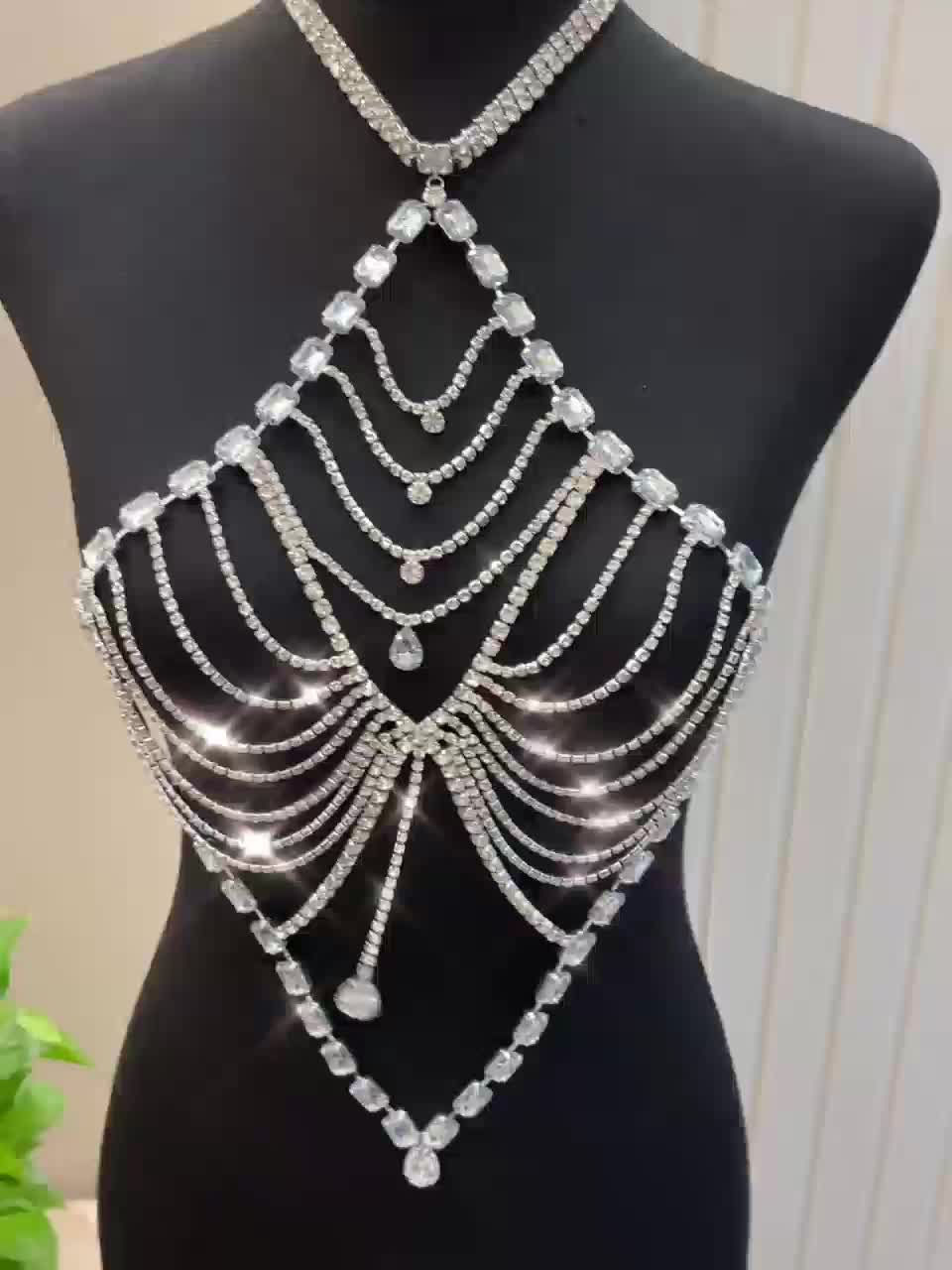 Inlaid Shiny White Rhinestone Crop Top Body Chain Sexy Body - Temu