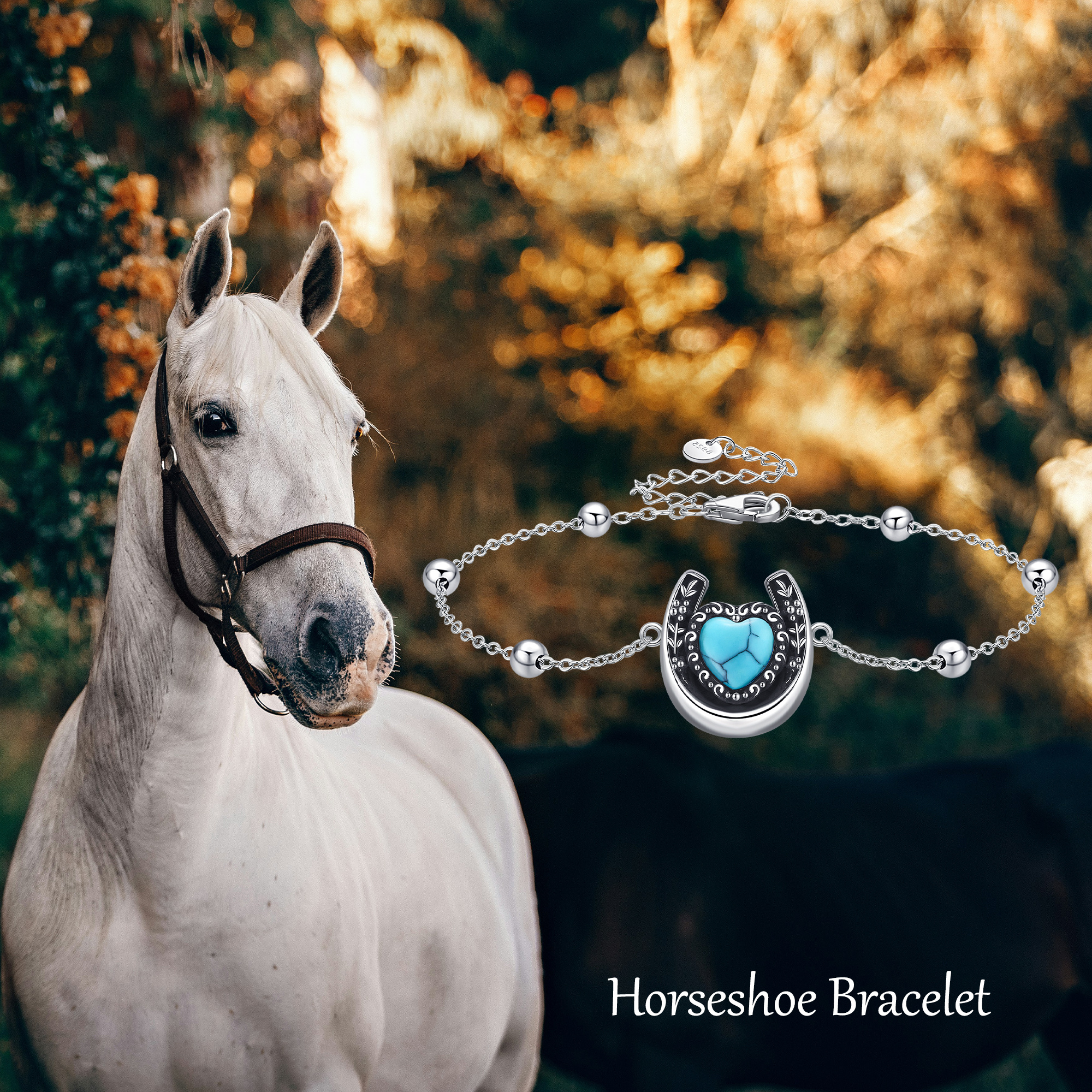 Women's 925 Sterling Silver Horseshoe Bracelet with Synthetic Turquoise