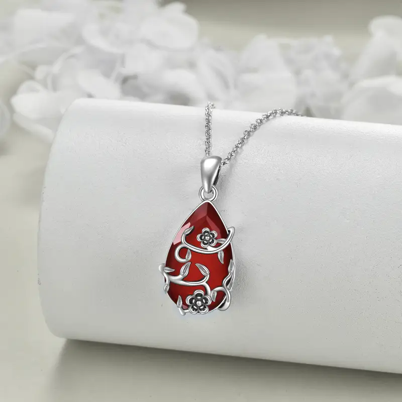 vintage flower necklace s925 sterling silvery red agate pendant artificial crystal restoration fine jewelry Product details 0