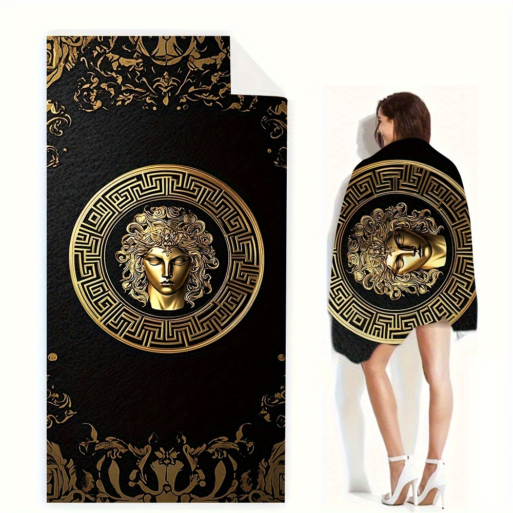 TEMU 1pc Golden Medusa Sturdy Beach Towel - Quick-drying Microfiber, Perfect For Summer Beach, Pool, Camping, And Spring Travel, Durable And Easy To