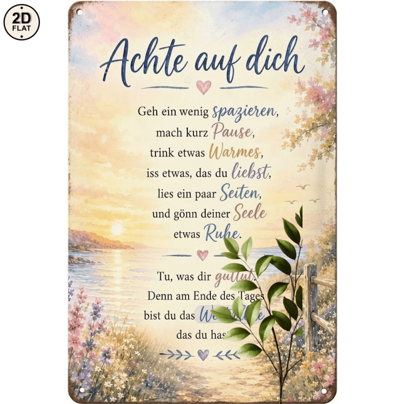 Image of 2d Flat, [2d Flat] 1pc Metal Sign. Romantic Watercolor Sunset Path Self-care German Quote Metal Tin Sign Decor Perfect For Home, Office, Bar, Outdoor Decor 20x30cm 2d Flat, 2d Flat