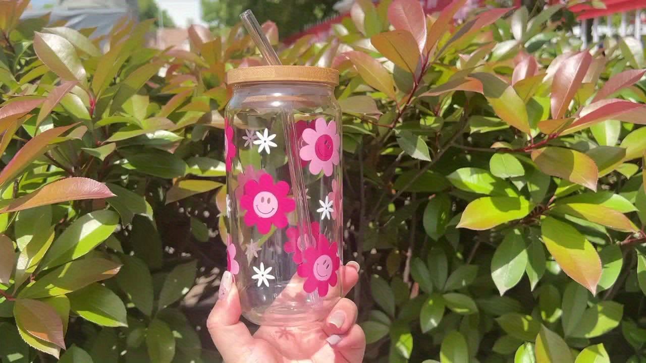 16oz pink Smile Flower Themed Libbey Glass Cans Set (1pc Glass Cup+1pc  Bamboo Lid+1pc Glass Straw +1pc Straw Brush), Beer Glass Cans, Soda, Iced  Coff