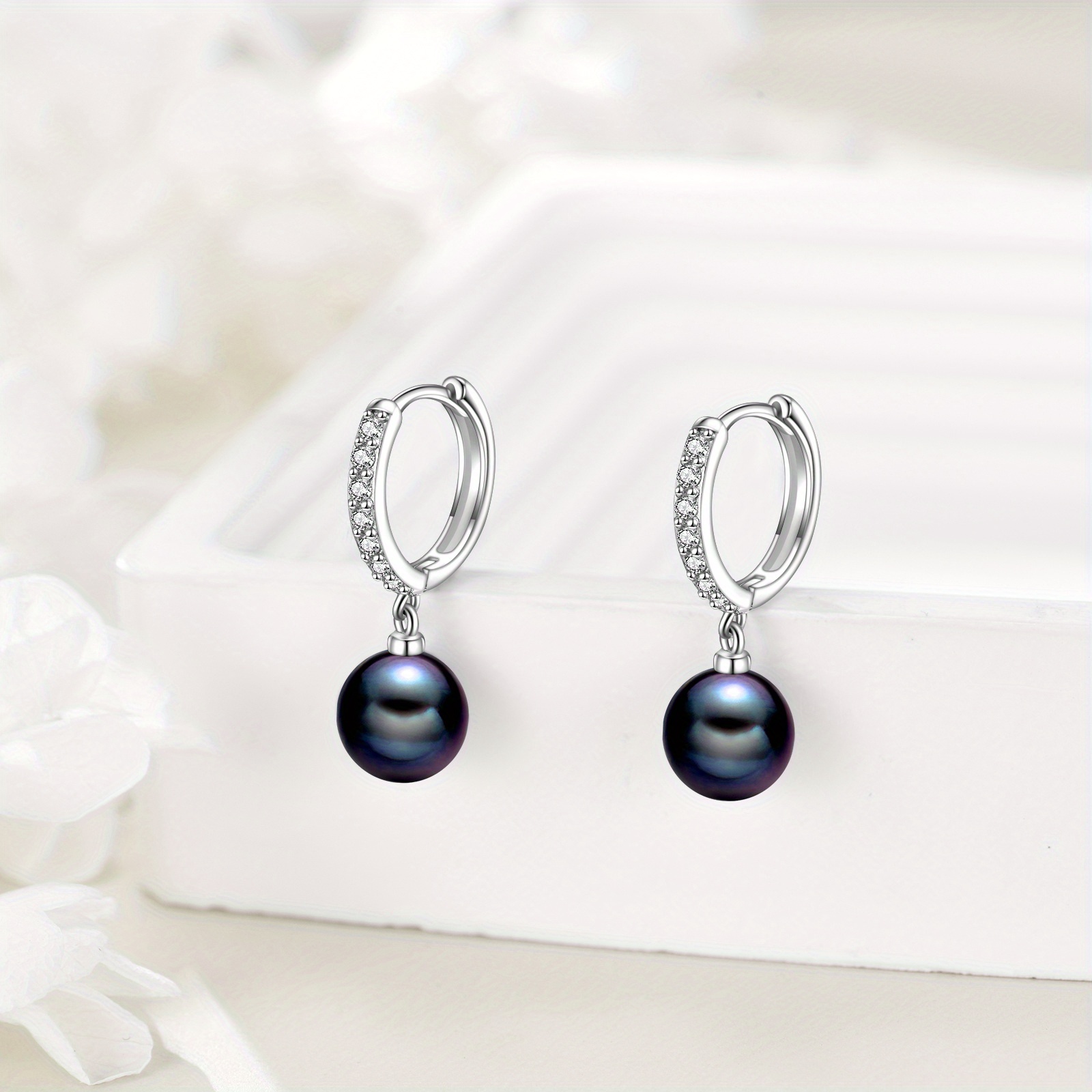 925 sterling   synthetic pearl hoop earrings dangle drop jewelry gifts for women black synthetic pearl cz Product details 3