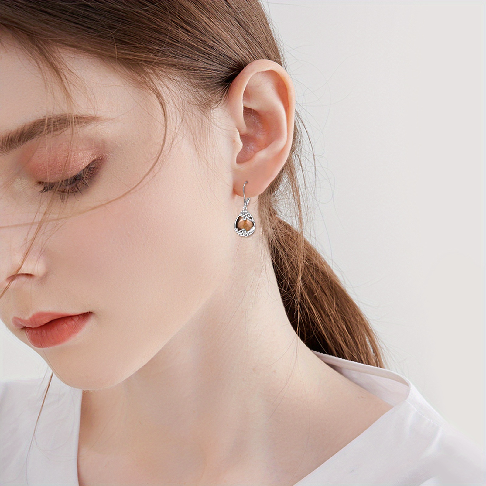 Boucles D'oreilles Pendantes En Oeil De Tigre Et Argent 925 - Occasion