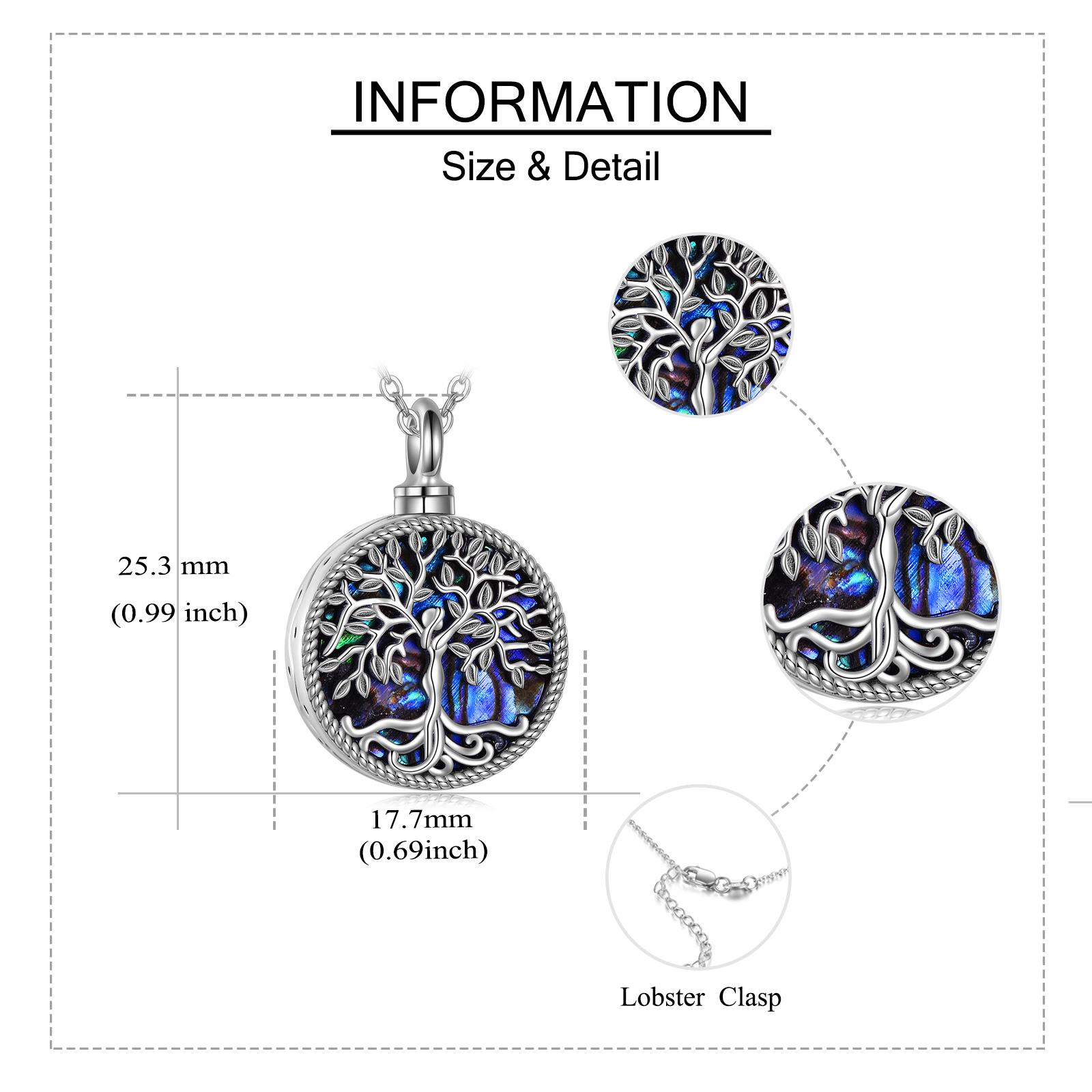 925 Sterling Silver Abalone Shell Tree of Life Urn Necklace