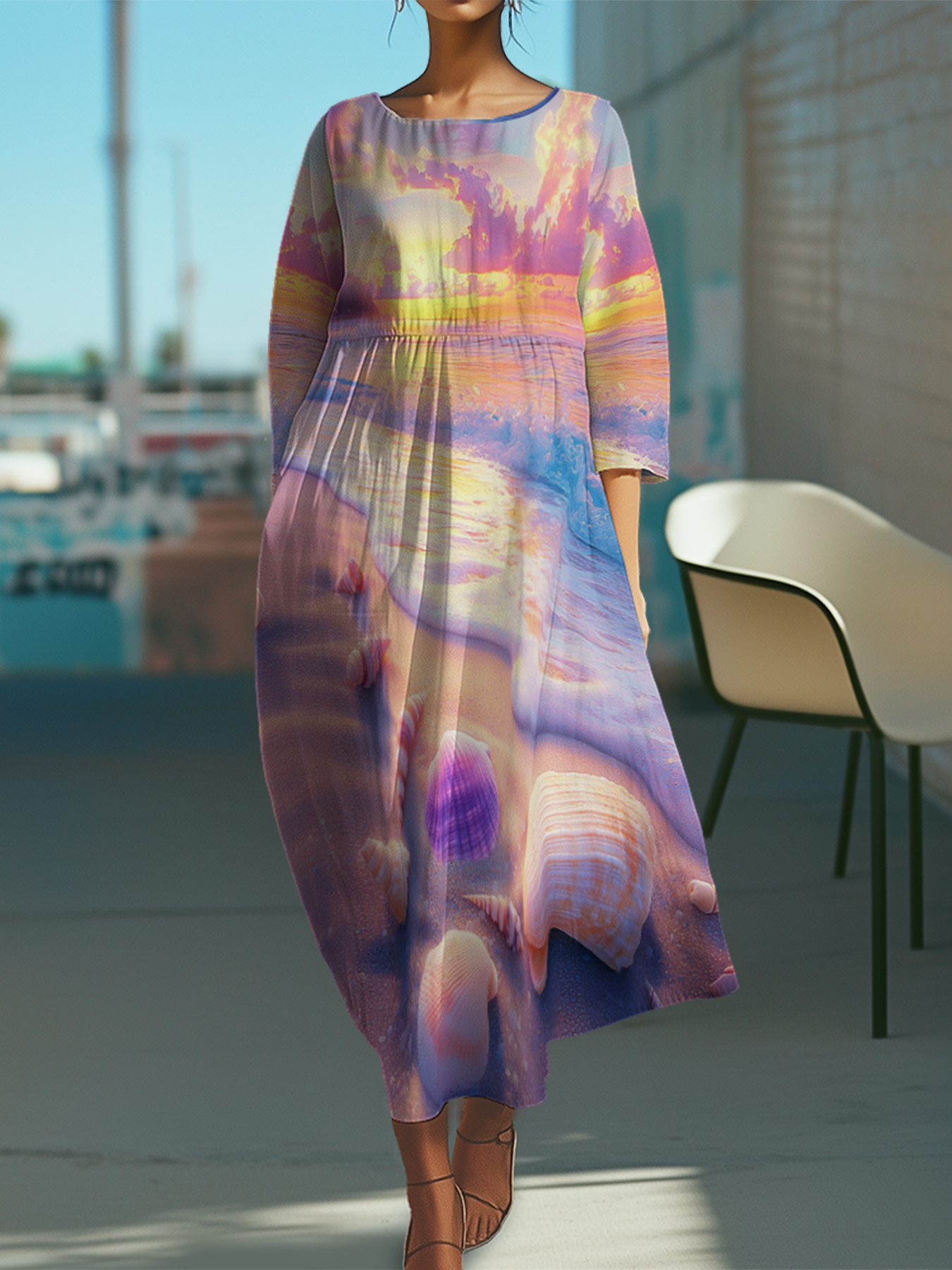 Plus-Size Women's Long Sleeve * Kaftan Dress - * * Sunset Print, Loose Fit  Round Neck, Machine Washable Casual Vacation & Spring