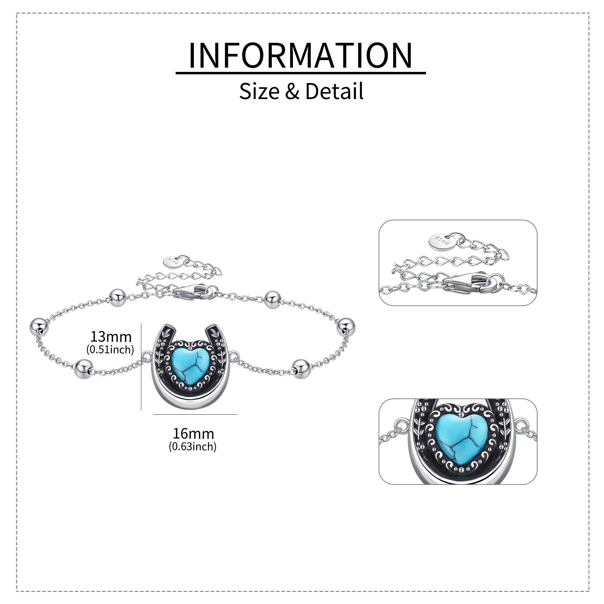 Women's 925 Sterling Silver Horseshoe Bracelet with Synthetic Turquoise