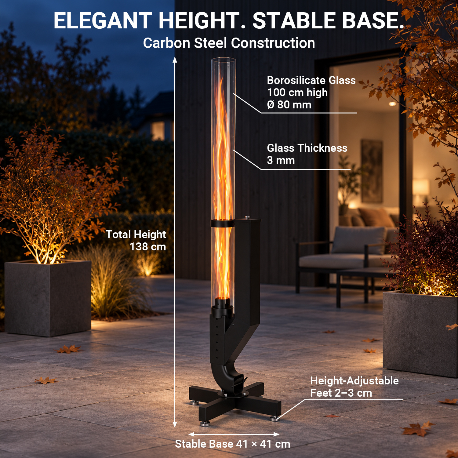 Image of Pellet- Fire Column, 138cm Tall, With A 3mm Glass Tube; Pellet- Fire Pit With A Glass Tube, Suitable For Outdoor Spaces Such As Patios, Gardens, And ; With A Glass Tube And Pellet Fuel