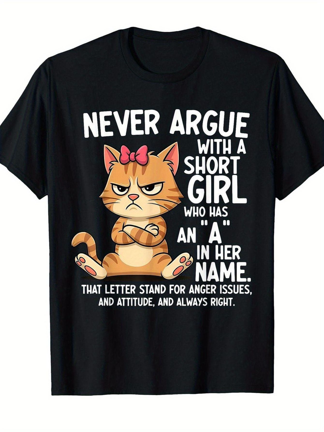 angry cartoon cat pattern t shirt black t shirt decorated with orange furry cats and fun slogans dont argue with short with a in their names cat enthusiasts and humor enthusiasts design  