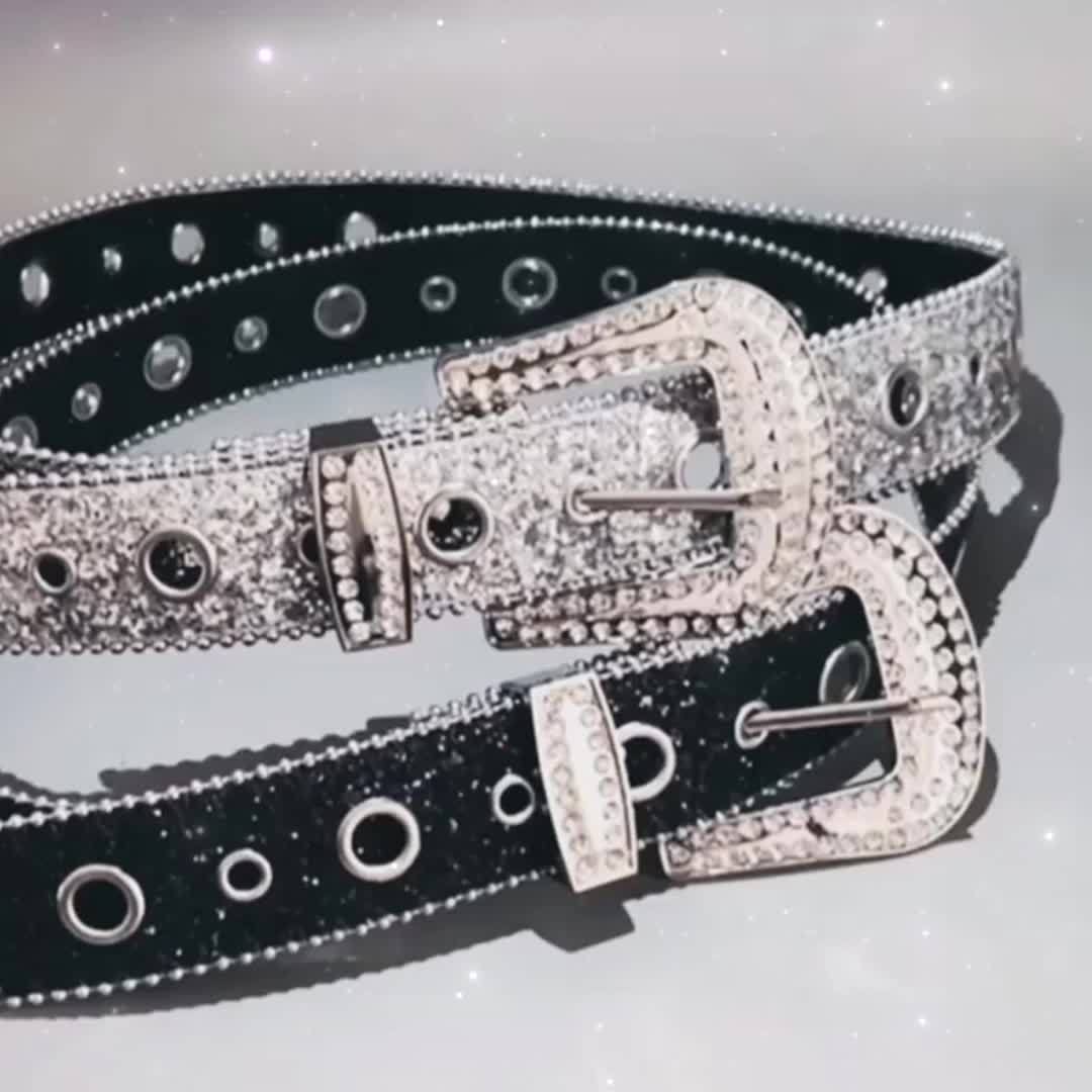 Shining Rhinestone Pin Buckle Y2k Belt Glitter Sequins Pu - Temu