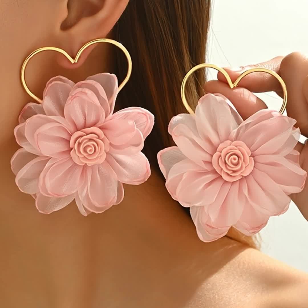 Pink Floral Heart Frame Earrings for Women