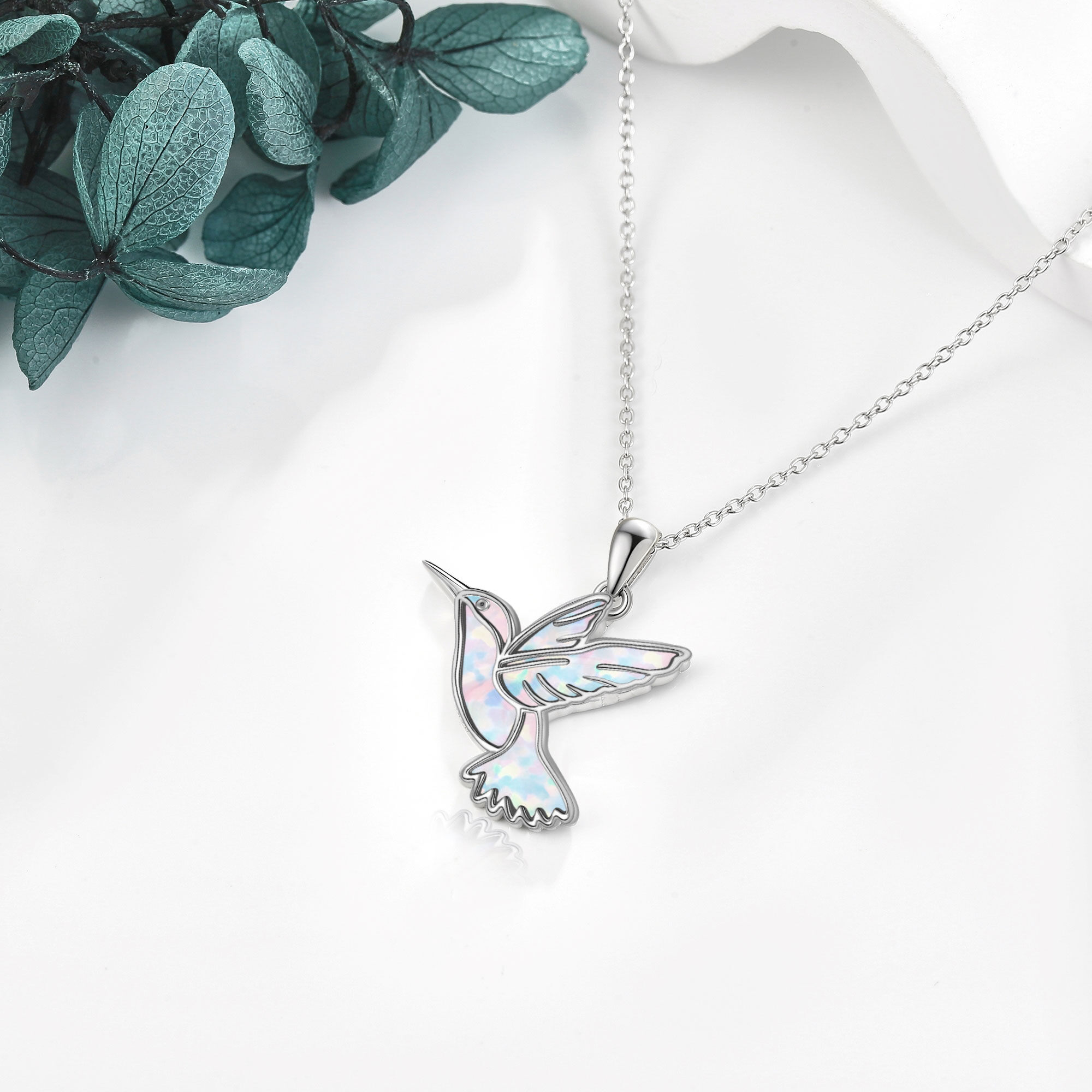 Women's 925 Sterling Silver Opal Hummingbird Necklace