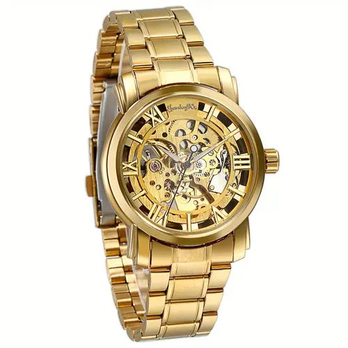 mens golden business casual skeleton transparent case back vacuum plating automatic mechanical watch without battery