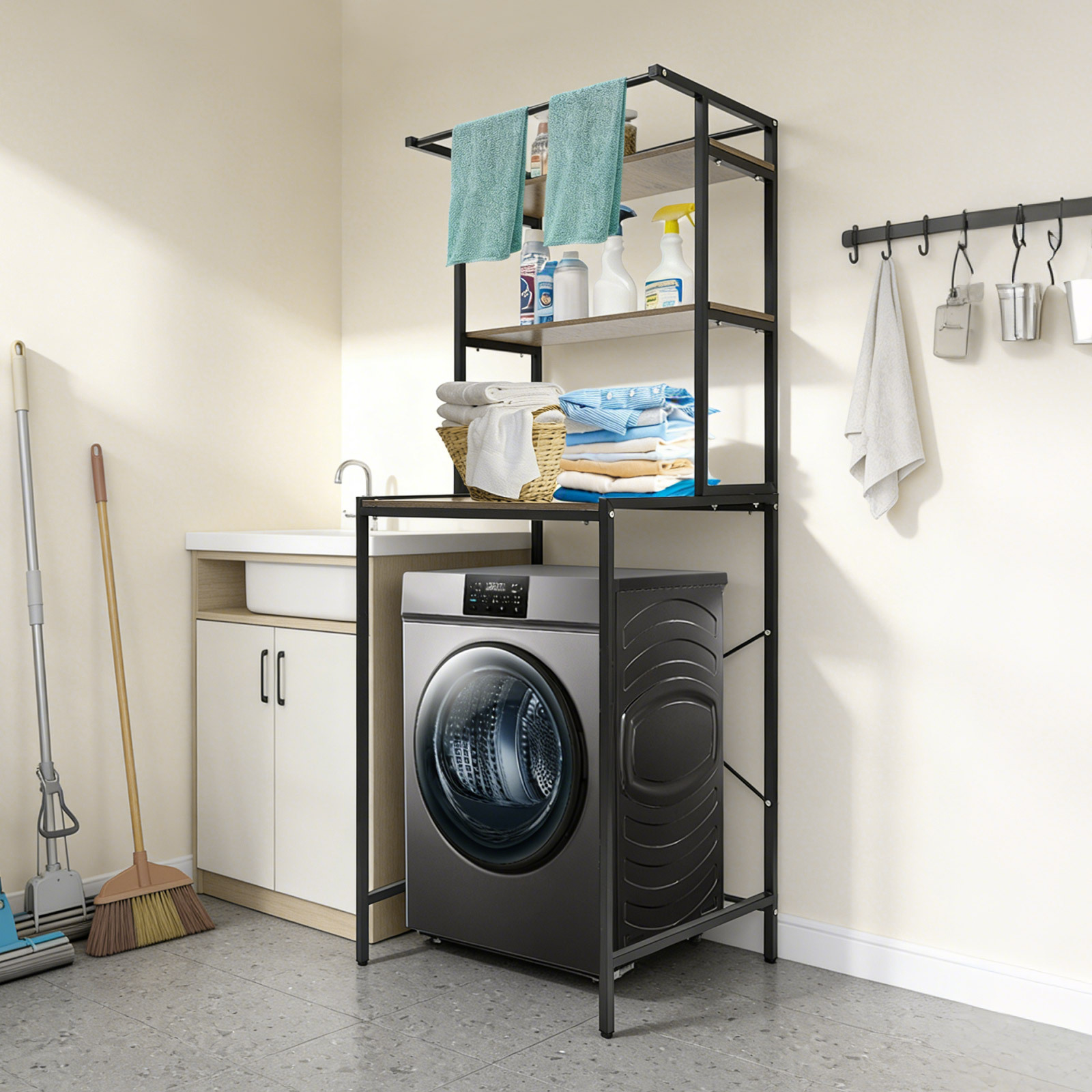 Image of 3-tier Washing Machine Organizer, Floor-mounted Bathroom Storage Rack, Heavy-duty Laundry Shelf With Oak End, Black Frame, Shelves