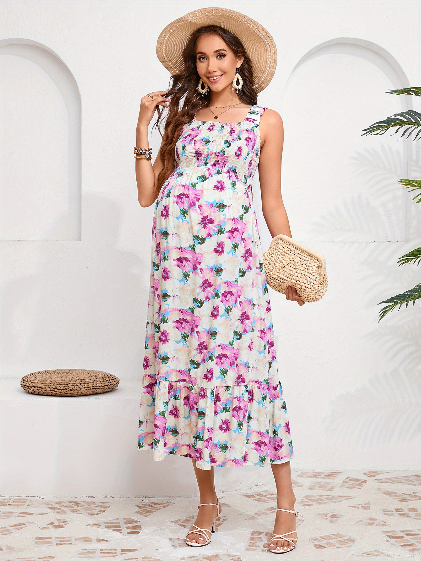womens maternity dress elastic strap square neck floral - Temu