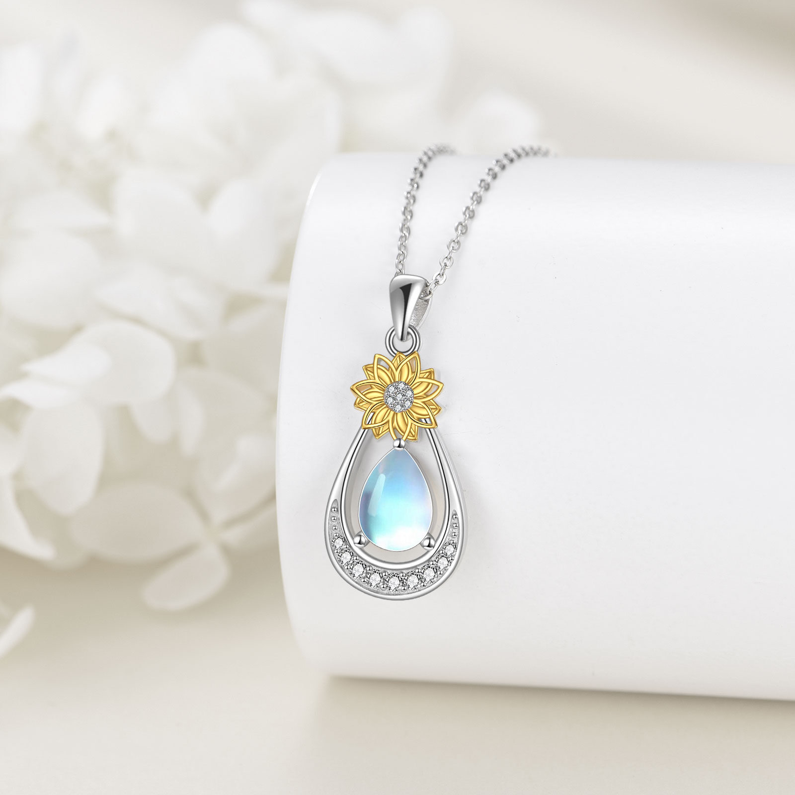 Women's Sunflower Moonstone Flower Teardrop Pendant Necklace