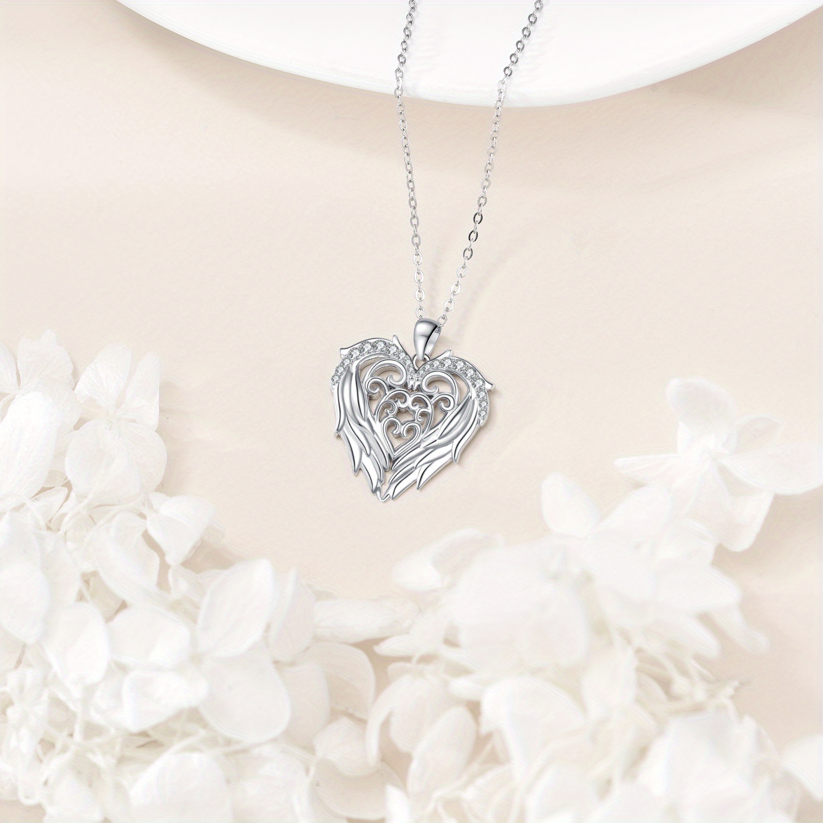 Sterling Silver Angel Wings Heart Pendant Necklace, Gift for Her