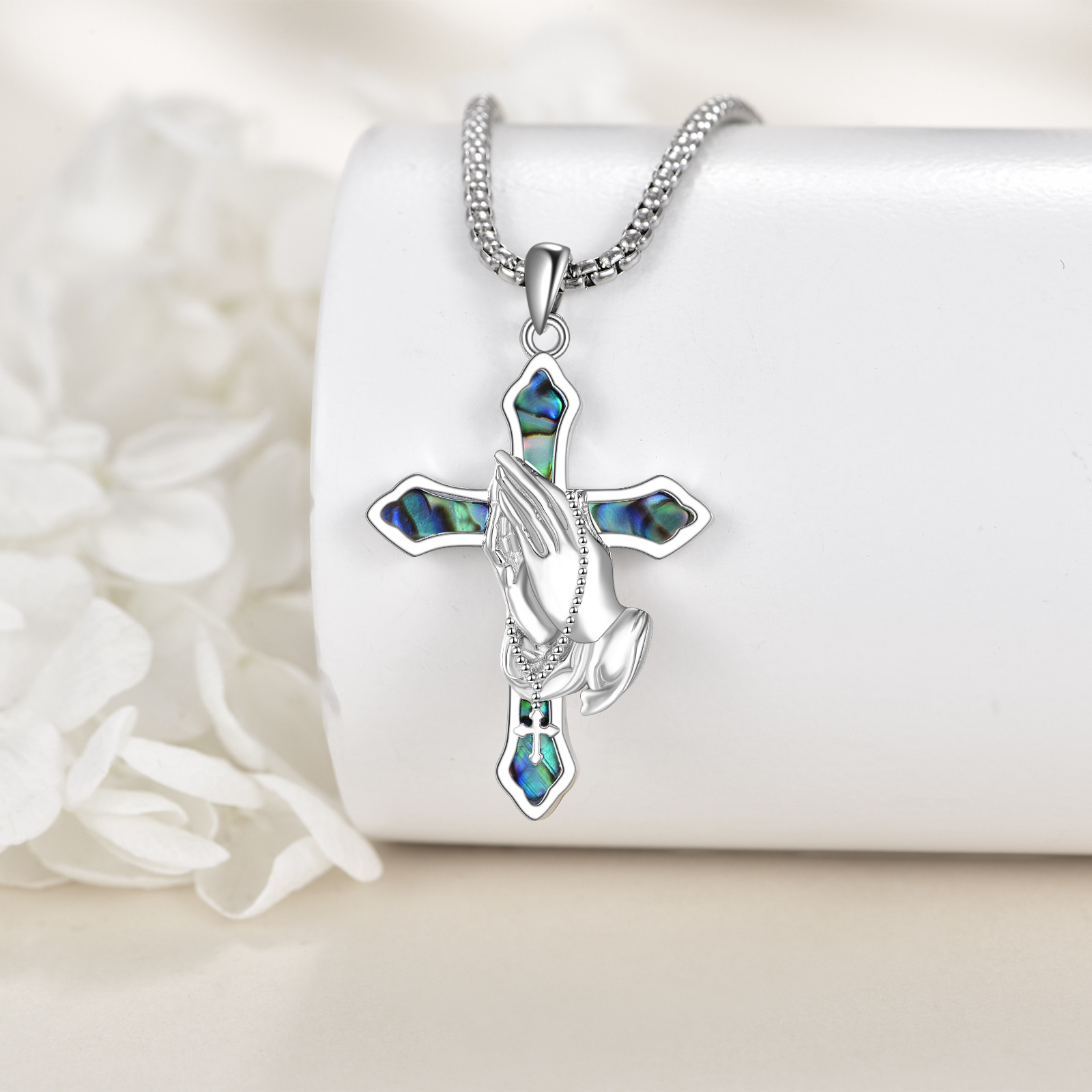 Praying Hands Cross Necklace Sterling Silver Abalone Pendant for Women