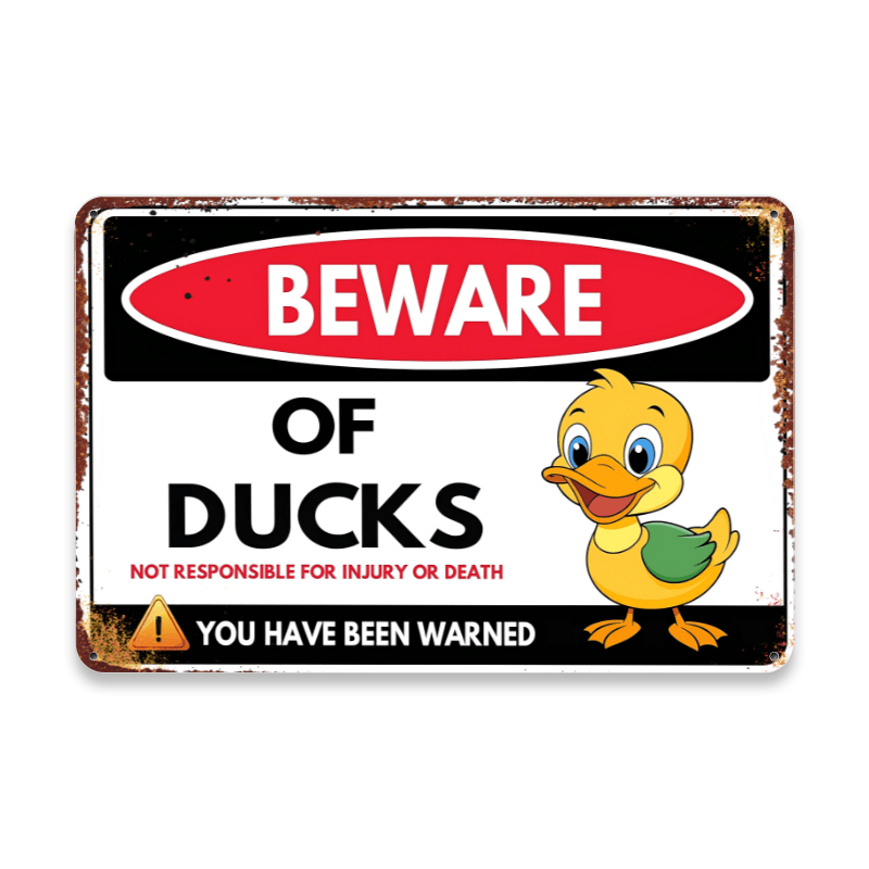 TEMU 2d Flat, 1pc Beware Of Ducks Warning Sign With Cute Duck Vintage Metal Wall Art - Funny Caution Sign Suitable For Kitchen, Bar, Cafe, Garage, -