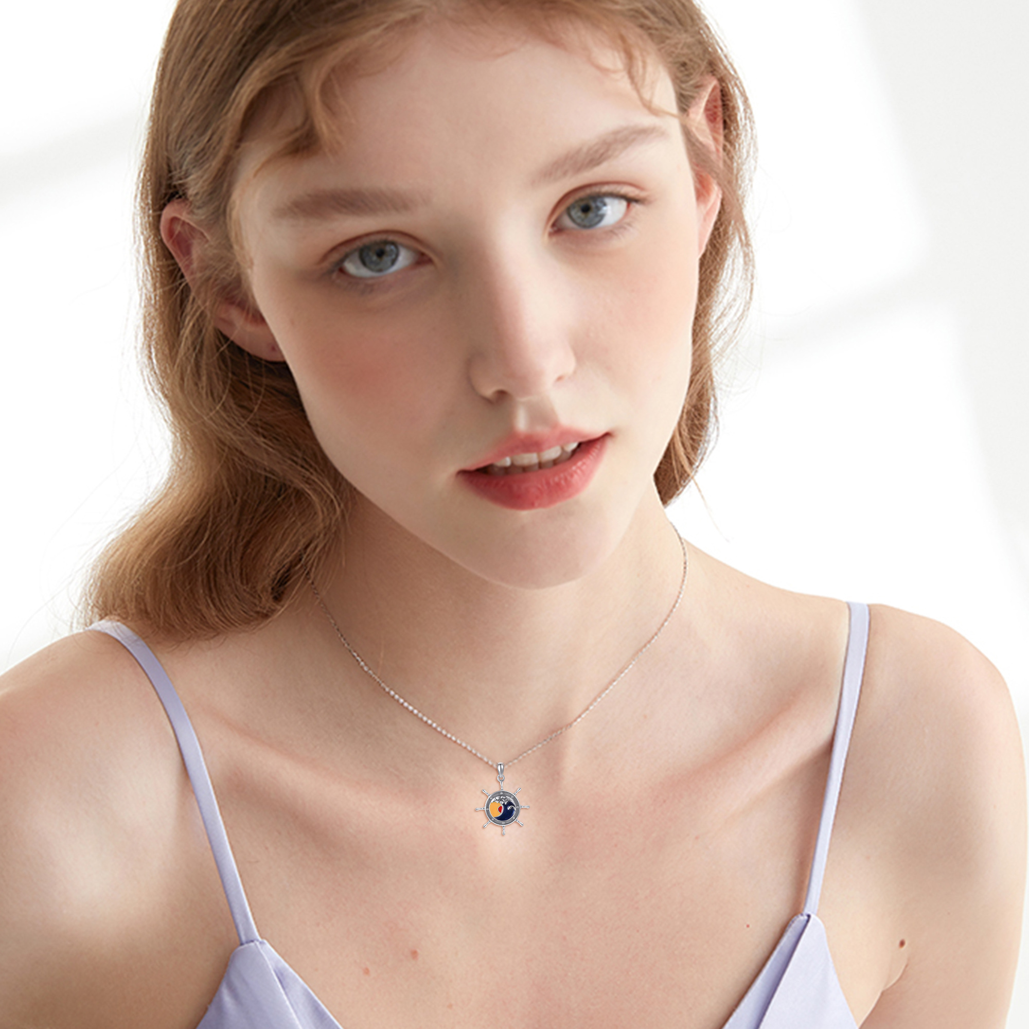 Nautical 925 Sterling Silver Rudder Wave Pendant Necklace