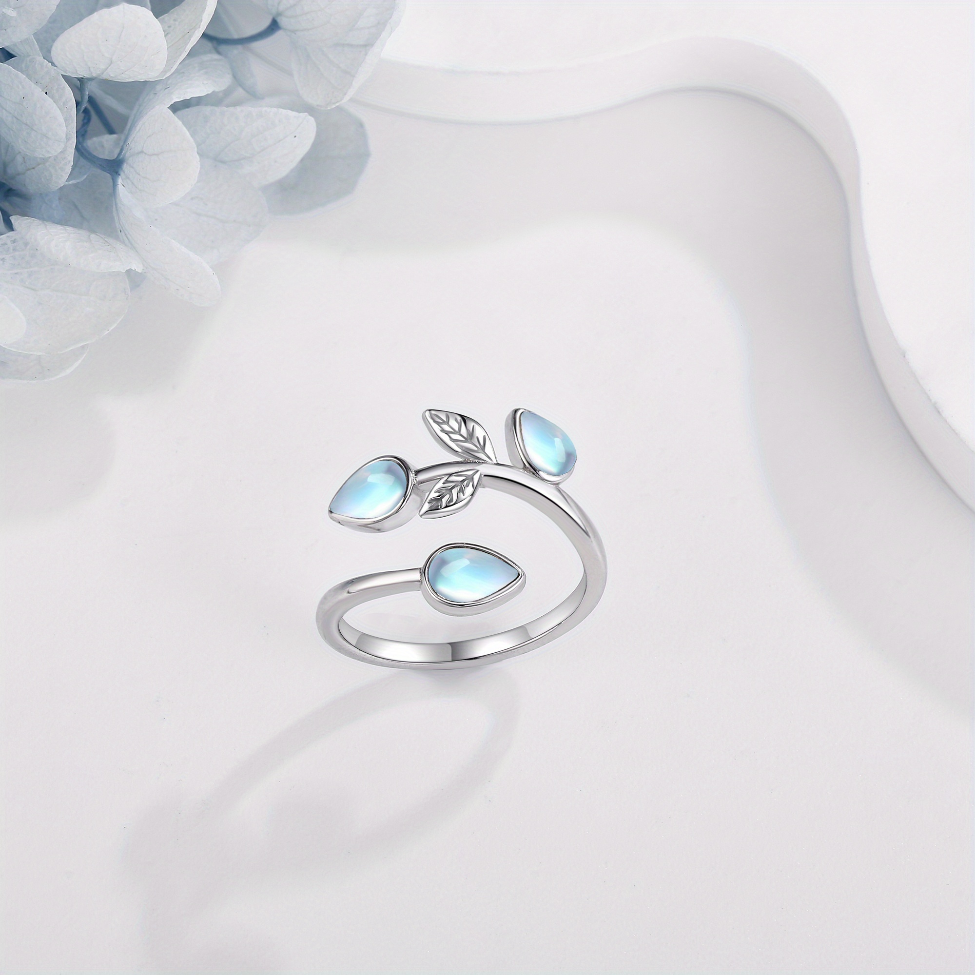 Moonstone Leaf Ring Adjustable Band Sterling Silver Boho Jewelry