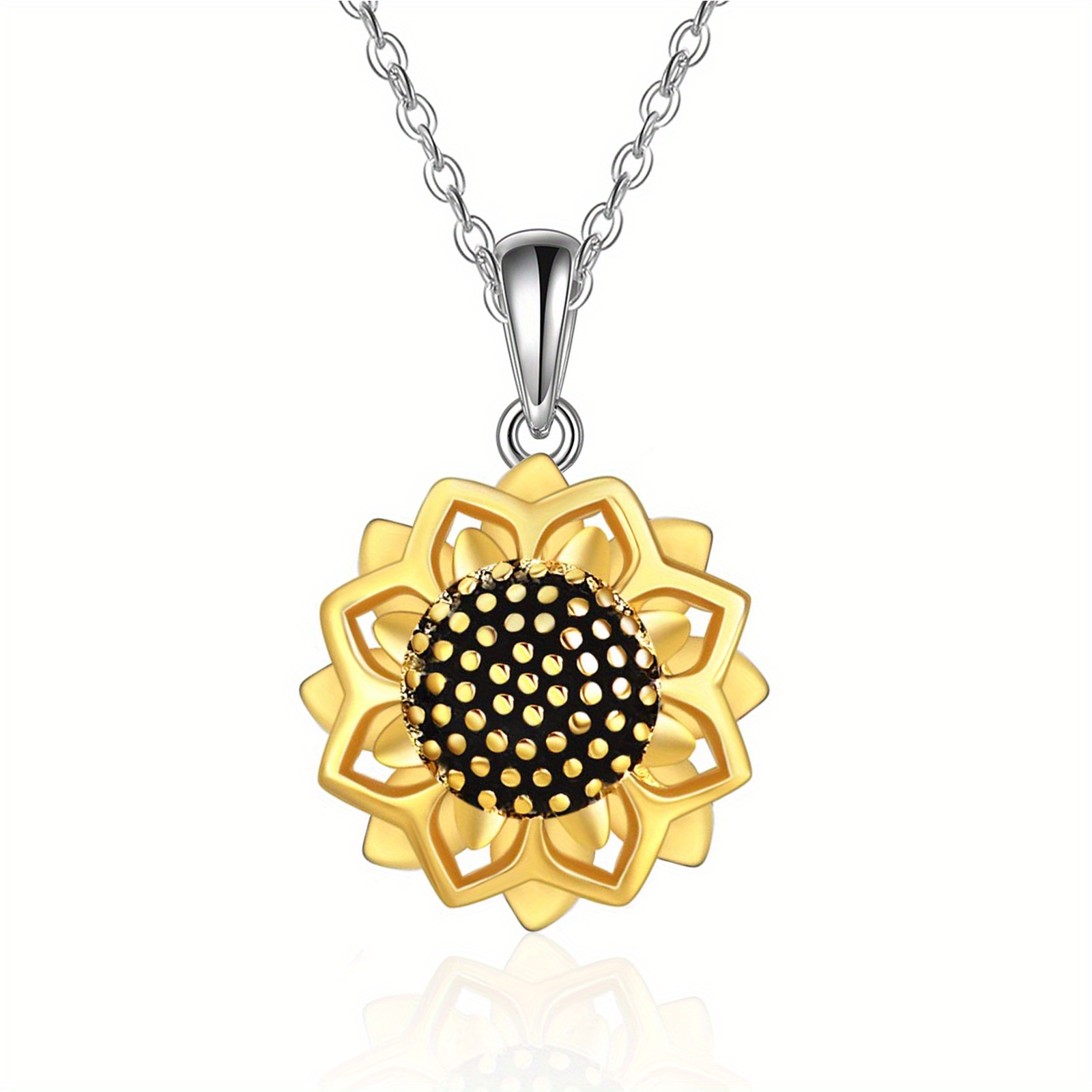 Image of 925 Sterling Silvery Sunflower Necklace Pendant Necklace Golden Jewelry For Women And S