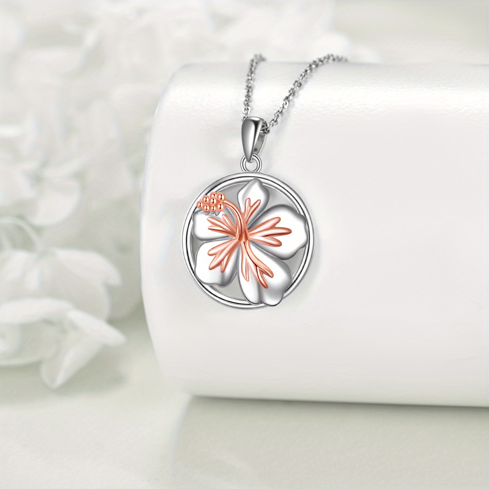 Women's 925 Sterling Silver Hibiscus Flower Pendant Necklace