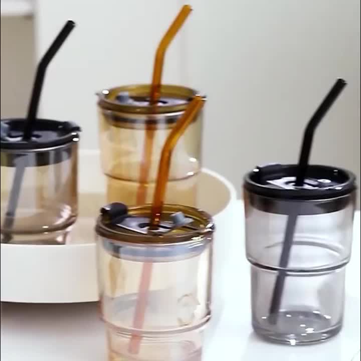 350ml 400ml Coloured Glass Cup Amber Grey Portable Iced Coffee Tumbler Cup  with Plastic Lid and Colour Glass Straw 1 Pc