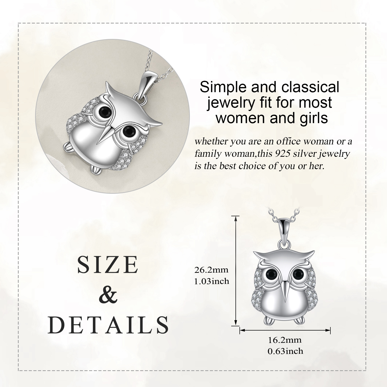 Adjustable Chain Owl Necklace, 925 Sterling Silver Pendant