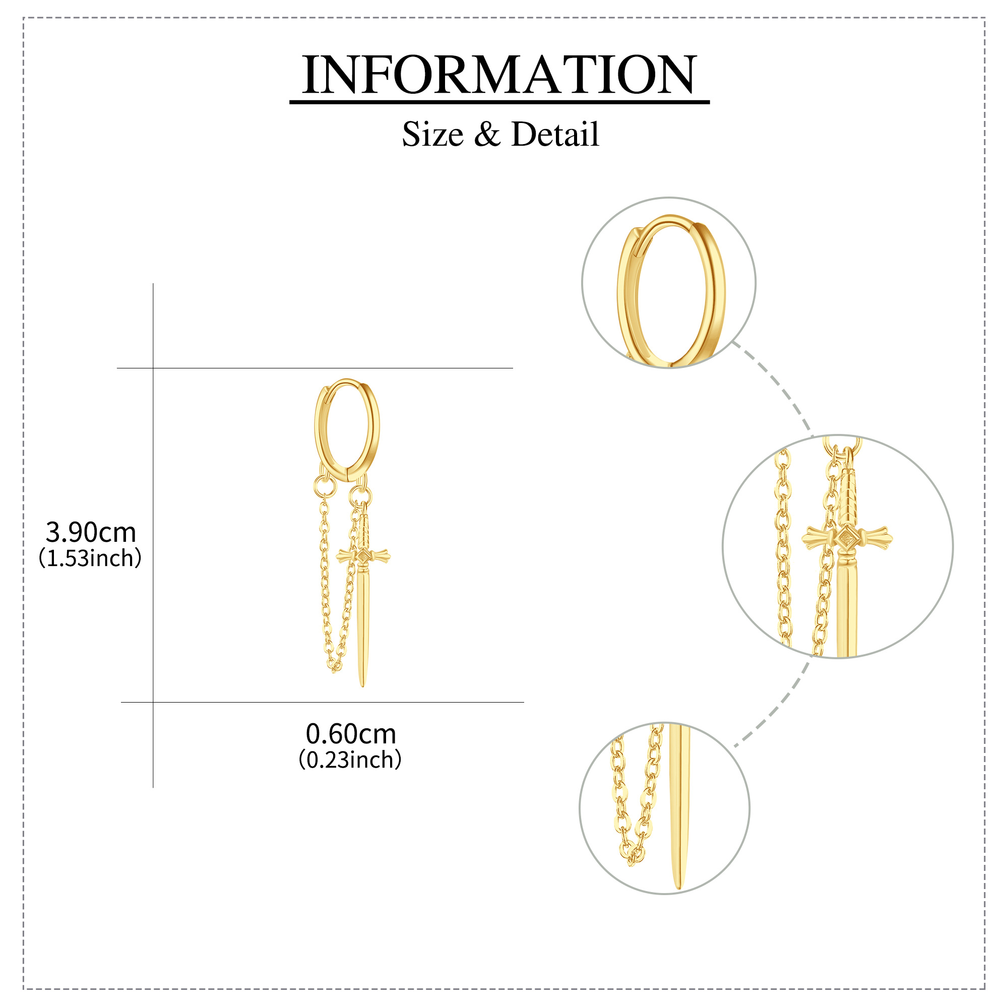 Men's 925 Sterling Silver Sword Earrings, 18K Golden Plated