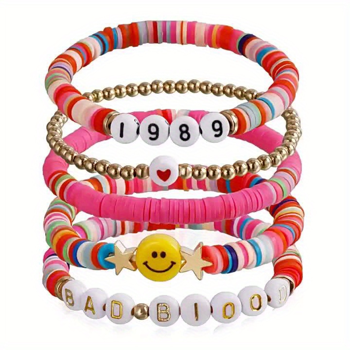 Bohemian Soft Clay Alphabet Letter Multicolor Bracelet Set of 7 Pieces